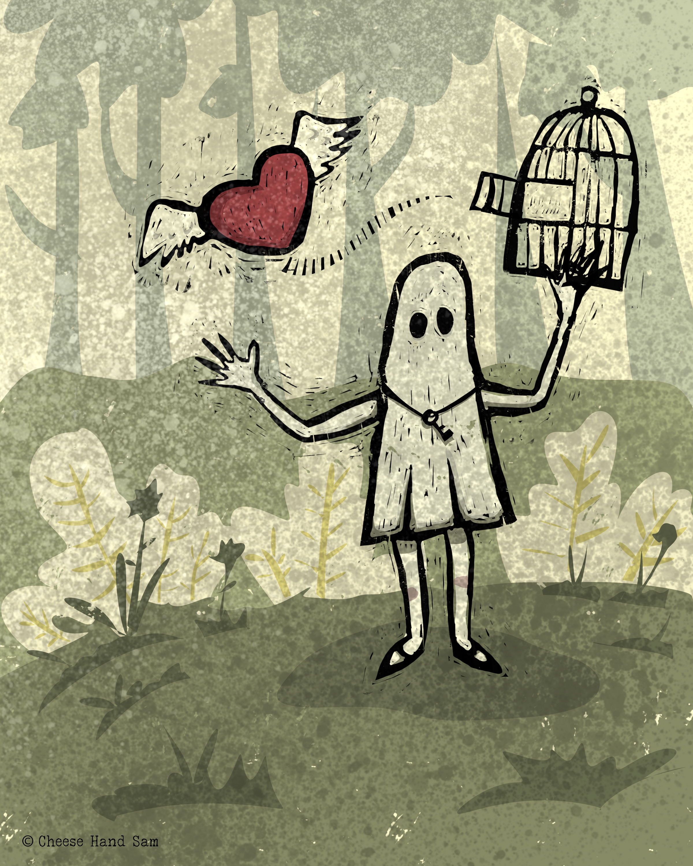 Linocut Ghost Girl Illustration